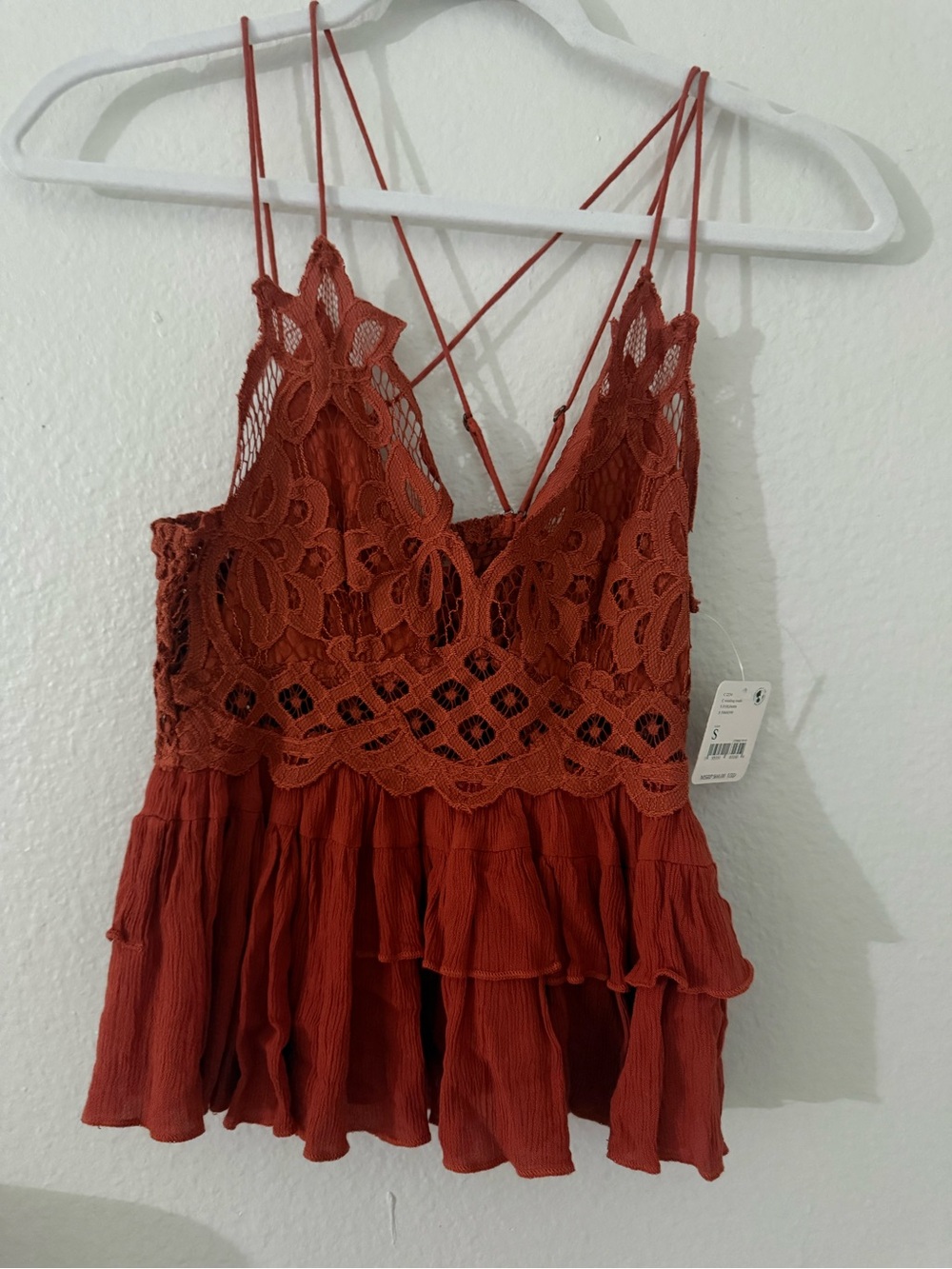 Free People Rust Lace-Detail Spaghetti Strap Top